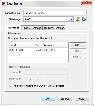 サイト A へのトンネルの 新しいトンネル ダイアログ ボックスのスクリーンショット