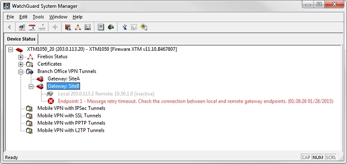 WatchGuard System Manager のゲートウェイ エラーのスクリーンショット
