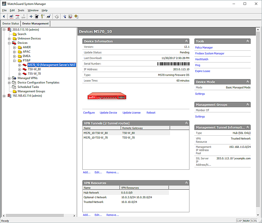 Screen shot of the WSM Device page with Device Mode section