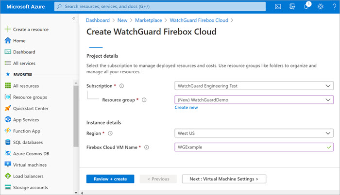 Screen shot of the Firebox Cloud template steps in Microsoft Azure