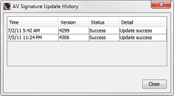 Screen shot of the AV Signature Update History dialog box