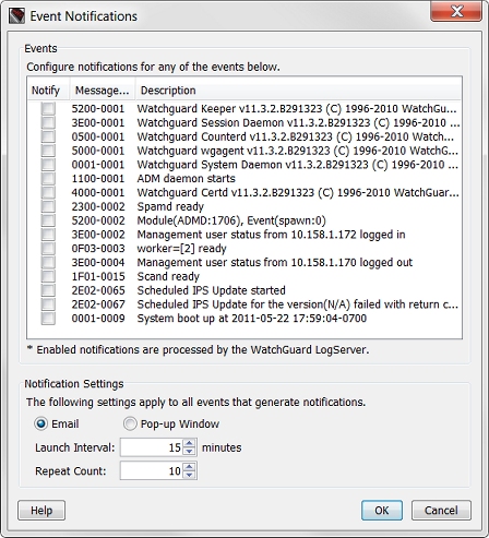 Screen shot of the Event Notifications dialog box