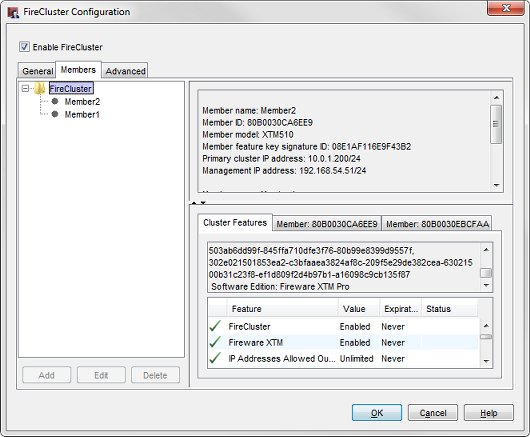 Screen shot of the FireCluster Configuration dialog box — Members tab