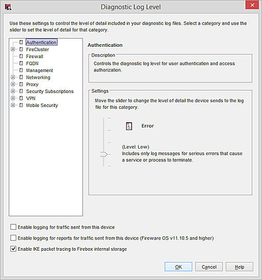 Screen shot of the Diagnostic Log Level dialog box