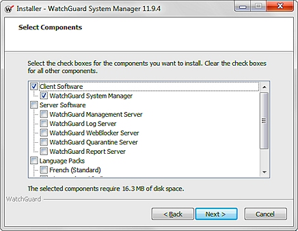 WatchGuard System Manager Installer ダイアログ ボックスのスクリーンショット