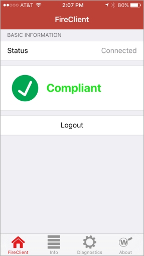 接続とコンプライアンス チェックが正常に行われた後の FireClient アプリのスクリーンショット