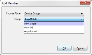 デバイス グループが選択された状態のメンバーの追加 ダイアログ ボックスのスクリーンショット