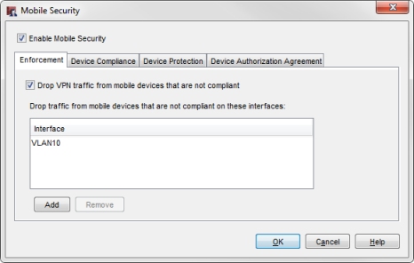 インターフェイス タブに VLAN10 がある状態で Policy Manager に表示されているモバイル セキュリティ ダイアログ ボックスのスクリーンショット