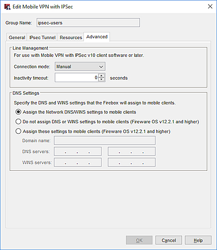 Mobile VPN with IPSec の DNS 設定のスクリーンショット