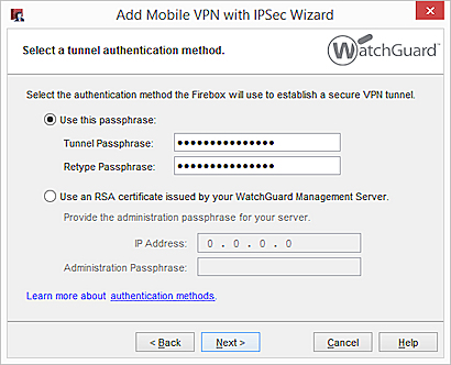 トンネル認証方法を選択する ウィザード ダイアログ ボックスのスクリーンショット