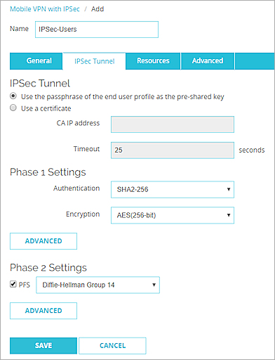 MVPN with IPSec 設定、IPSec を編集する ページ、IPSec トンネル タブのスクリーンショット