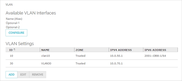 VLAN の設定 ページのスクリーンショット