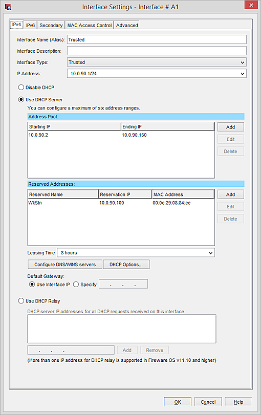 DHCP サーバー インターフェイスの設定のスクリーンショット