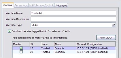 インターフェイス設定 ダイアログ ボックス、VLAN 構成設定のスクリーンショット