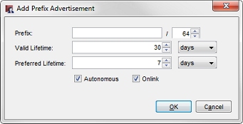 Policy Manager におけるプレフィックス広告の追加 ダイアログ ボックスのスクリーンショット