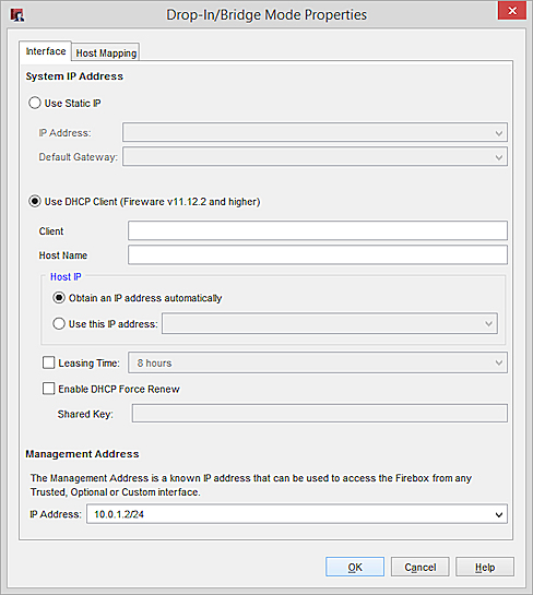 ブリッジ モードの DHCP 設定のスクリーンショット