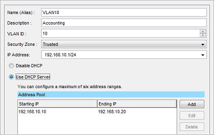 [ネットワーク構成] ダイアログ ボックス、[VLAN] タブ（VLAN10を構成済み）のスクリーンショット