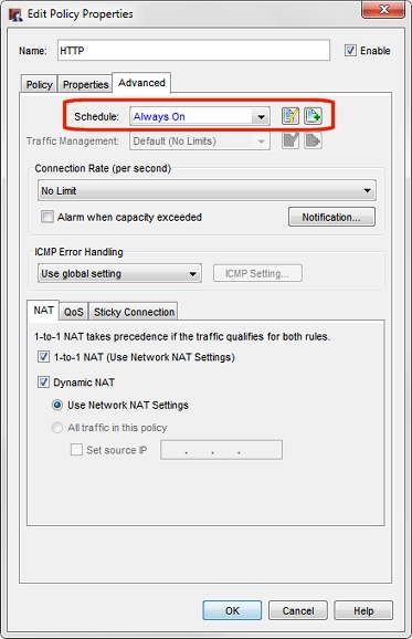 Screen shot of the Edit Policy Properties, Advanced tab with Schedule circled