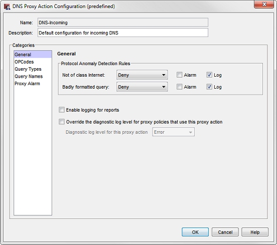 Screen shot of the DNS Proxy Action Configuration dialog box — General page