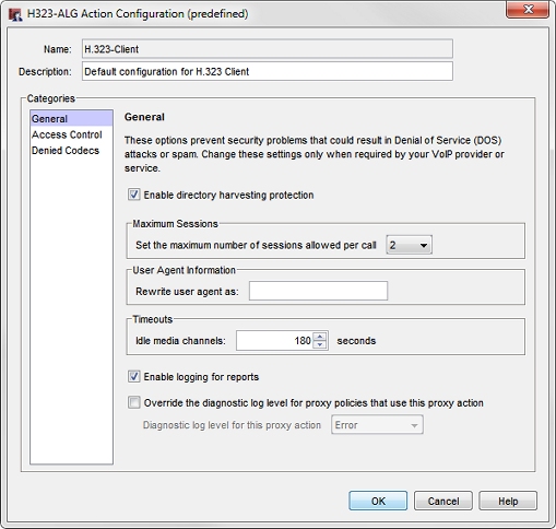 H323 ALG アクション構成 ダイアログ ボックス - 全般 ページのスクリーンショット