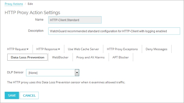 Screen shot of the HTTP Proxy Action Configuration page, Data Loss Prevention tab