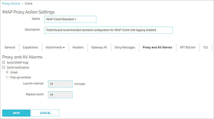 Screen shot of the Proxy and AV Alarms settings in Fireware Web UI