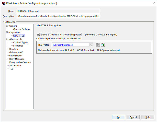 Screen shot of the IMAP Proxy Action Configuration dialog box, STARTTLS page