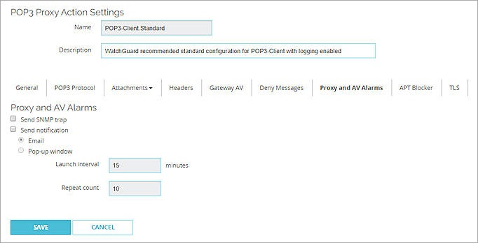 Screen shot of the Proxy and AV Alarms settings