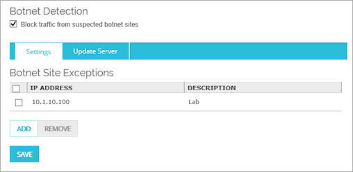 Screen shot of the Botnet Site Exceptions page