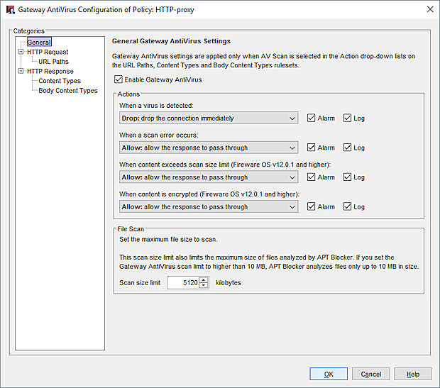 Screen shot of General Gateway AntiVirus Settings page