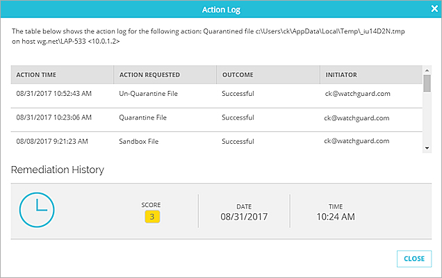 Screen shot of the Action Log for a successfully remediated indicator