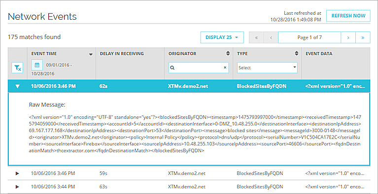 Screen shot of the Network Events page