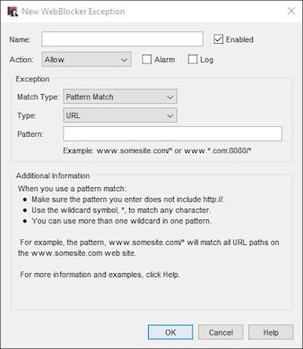 Screen shot of the New WebBlocker Exception dialog box