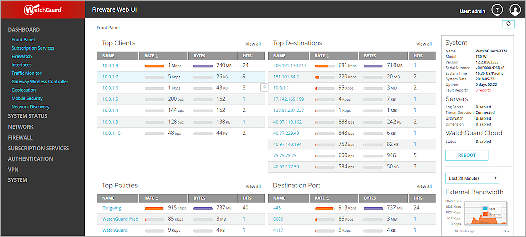 Screen shot of the Fireware XTM Web UI — Dashboard page