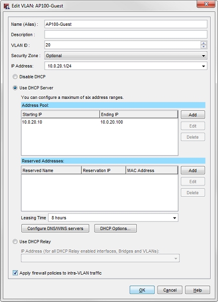 AP100-Guest VLAN の VLAN の編集ダイアログ ボックスのスクリーンショット