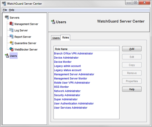 WatchGuard Server Center のユーザー ロール ページのスクリーンショット