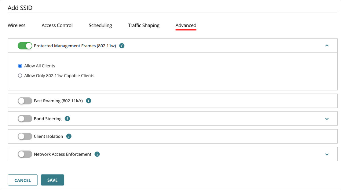 Screen shot of the SSID advanced settings for an access point