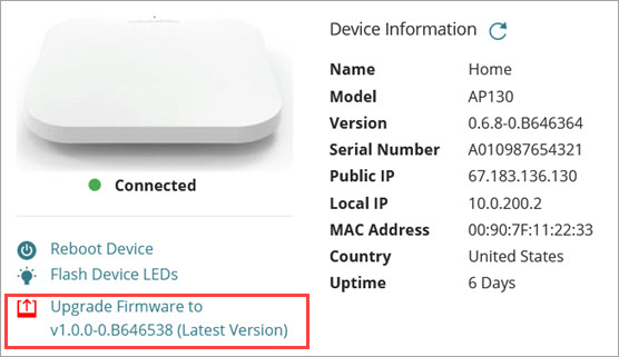 Screen shot of the AP device summary page with the upgrade firmware action highlighted