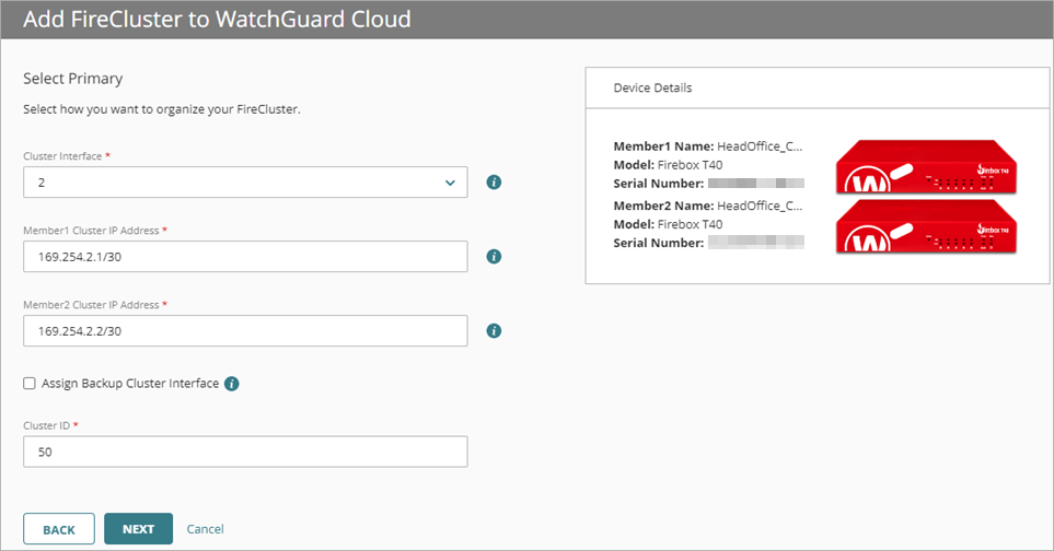 Screen shot of the FireCluster interface settings