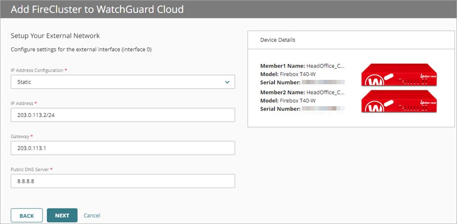 Screen shot of the external interface settings for FireCluster