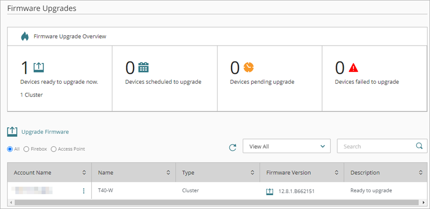 Screen shot of the Firmware Upgrade Overview for a FireCluster