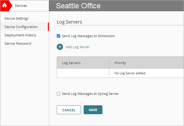 Screen shot of Device Configuration, Dimenion server