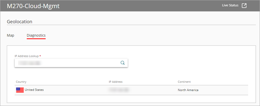 Screen shot of WatchGuard Cloud, Live Status, Geolocation Diagnostics