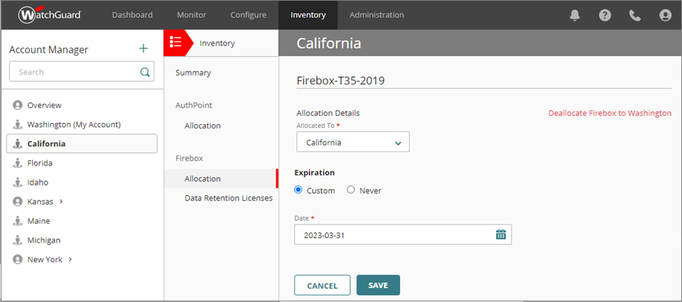 Screen shot of WatchGuard Cloud Firebox Allocation summary page