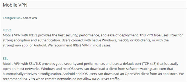 Screen shot of a page that describes each Mobile VPN type