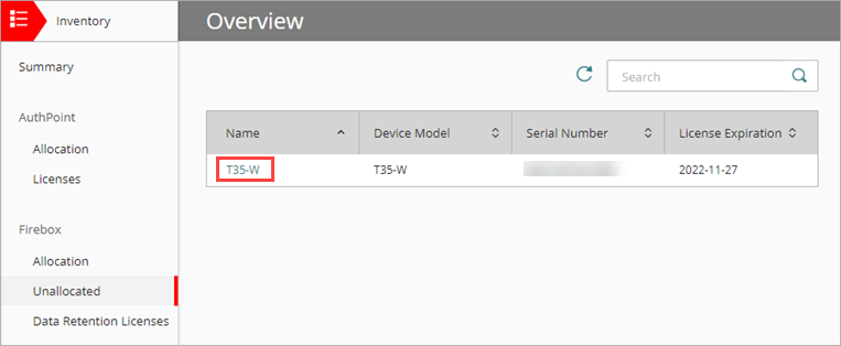 Screen shot of an unallocated Firebox in the Unallocated page in a Service Provider account