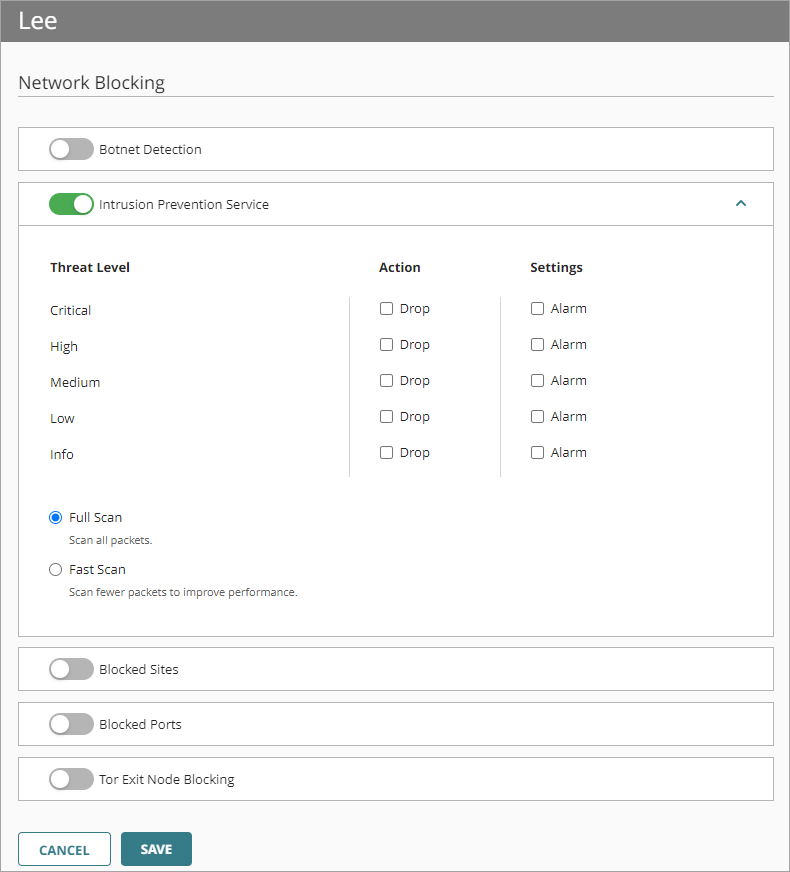 WatchGuard Cloud screen shot of Network Blocking IPS options