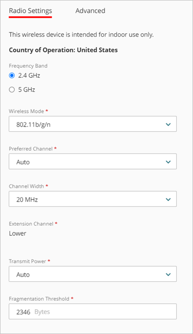 Screen shot of the Wireless Settings for a single radio Firebox, Radio Settings tab