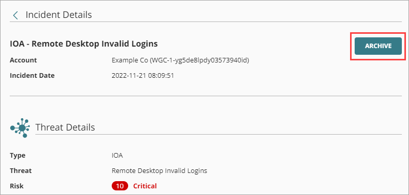 Screen shot of the Archive button in the Incident Details page