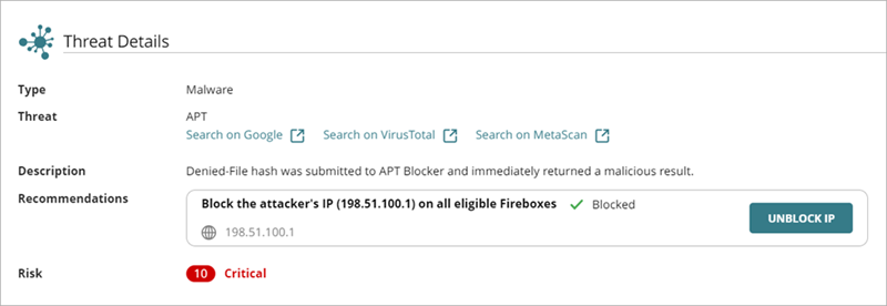 Screenshot of the Threat Details section showing the Stop button to stop a process or action